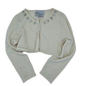 Sweet Charmers Ivory Cropped Cardigan Pearl Embellished Neckline Long Sleeves Wo